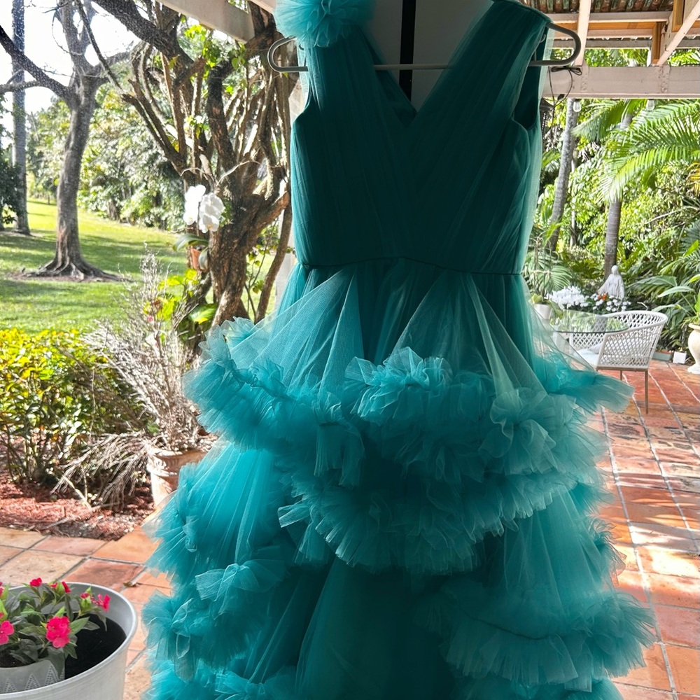Teal Ruffled Tulle Formal Dress with V-Neck 24 waist